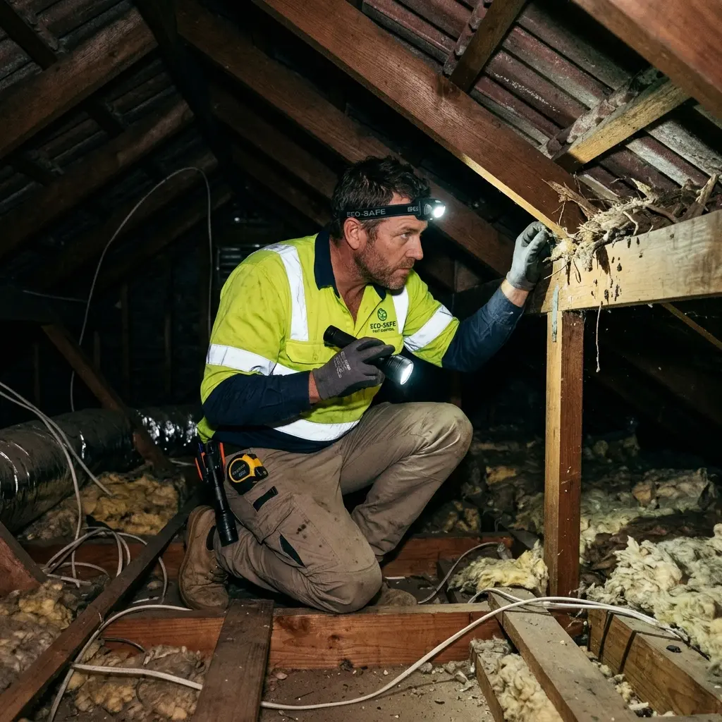 Technician inspecting a roof cavity for a dead animal in Collingwood